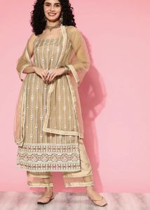 Elegant Beige Embroidered Kurta Set with Dupatta