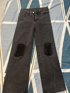 URBANIC Grey Ripped Wide Leg Jeans