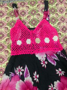Floral Print Dress with Crochet Top