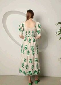 Elegant Beige Green Print Midi Dress