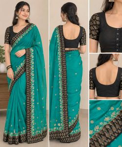 Beautiful Teal Saree with Embroidered Border