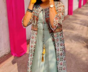Elegant Mint Green Kurta with Printed Jacket
