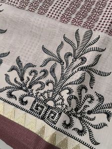 Zari Embroidery Handblock print ChanderiSilk Saree
