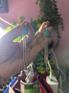 Chunky Turquoise Drop Earrings with Silver Chains