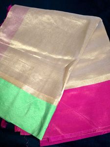 Elegant Gold Saree with Pink & Green Border