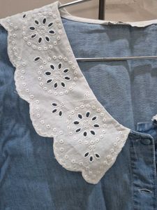 Blue Denim Top with White Lace Collar