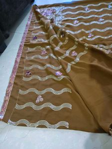 Brown &amp; Gold Embellished Saree
