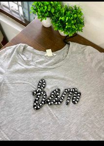 Grey T-Shirt with Beaded Embellishment