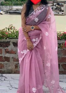 Elegant Pink Saree with White Embroidery