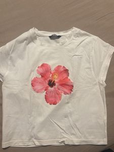 White T-Shirt with Pink Flower Graphic
