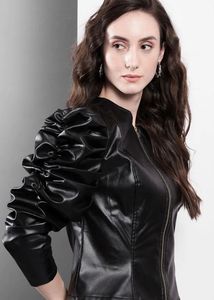 Chic Black Faux Leather Jacket with Puffed Sleeves