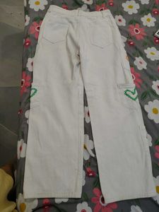 White Cargo Pants with Heart Embroidery