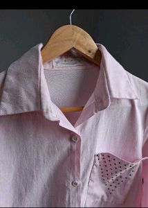 Chic Pink Button-Up Shirt with Embellished Pocket
