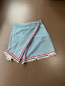 Denim Skirt with Striped Hem