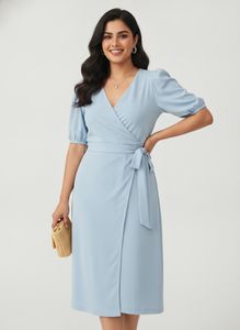 Light Blue Wrap Dress with Puff Sleeves