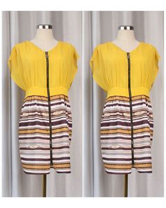 Chic Yellow & Patterned Zip-Front Dress