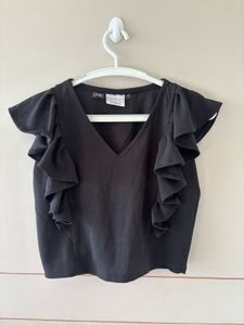 Black Ruffle Sleeve V-Neck Top