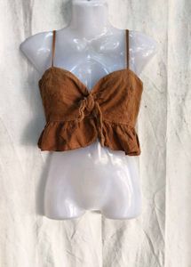 I. Brown Tie-Front Peplum Top