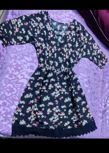 Floral Print Mini Dress with Lace Trim