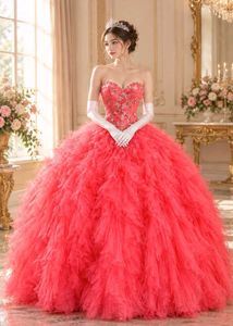 Stunning Coral Tiered Ball Gown👑👰🎀🫶