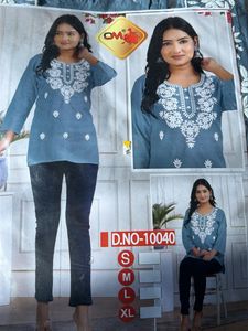 Embroidered Blue Cotton short Kurti