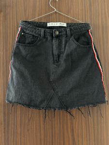 Black Denim Mini Skirt with Stripe Detail