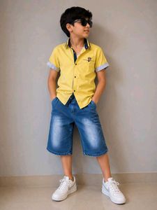 Kids Yellow Shirt & Denim Shorts Set
