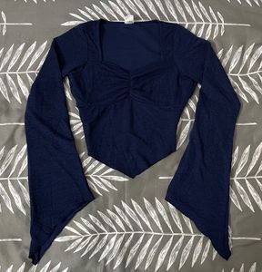 Navy Blue Bell Sleeve Crop Top
