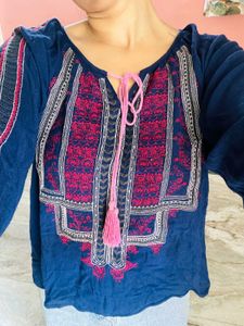 Women Embroidered Blue Top