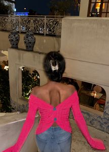 Trendy Pink Off-Shoulder Top with Button Detail