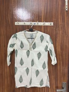 Stylish White Kurta with Green Leaf Print