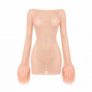Sheer Mesh Mini Dress with Faux Fur Cuffs