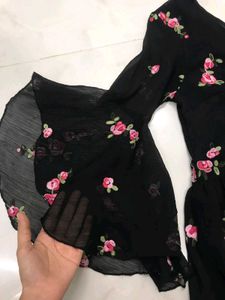 Cute Black Floral Bell Sleeve Dress