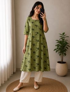 Green Kurta with Black Floral Print