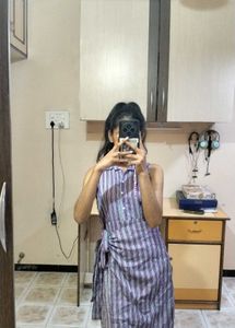 Purple Striped Shirt Dress with Waist Tie