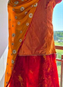 Orange &amp; Red Embroidered Lehenga Set