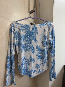 Blue and White Scenic Print Long Sleeve Top