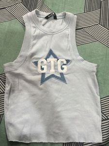 Light Blue Ribbed Tank Top with Star Graphic