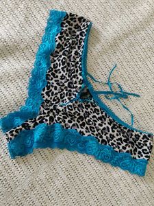 Leopard Print Thong with Blue Lace Trim