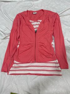 Cute Ruched Zip-Up Cardigan with Stripes