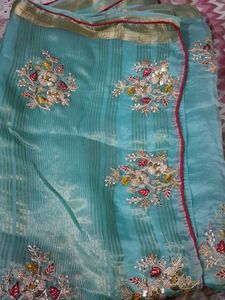 Designer Embellished Teal Saree