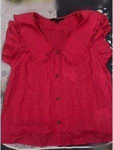 Chic Red Button-Up Top with Peter Pan Collar