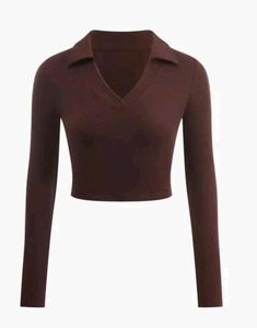 Brown Collared V-Neck Long Sleeve Top