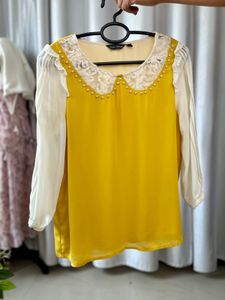 Yellow &amp; White Lace Pearl Embellished Top