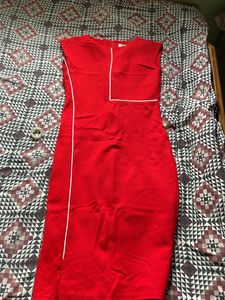 Elegant Red Sheath Dress with White Piping