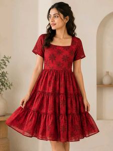 Red Floral 3 Tiered Dress, Square neck.