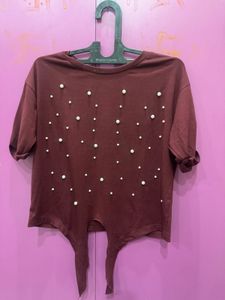 Maroon Pearl Embellished T-Shirt
