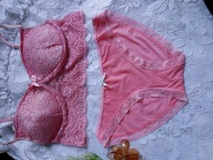 Lace Trimmed Pink Bra &amp; Panty Set
