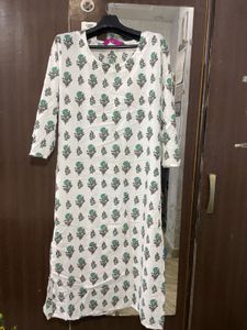White Kurta with Green Floral Print