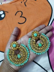 Elegant Mint Green & Gold Jhumka Earrings